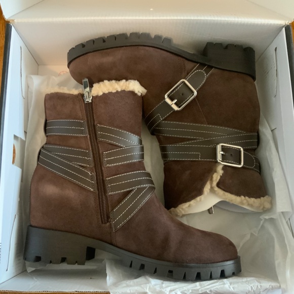 Nine West Davyd Wedge Buckle Booties Brown Suede Leather Women's Winter Boots 8 - Picture 4 of 8